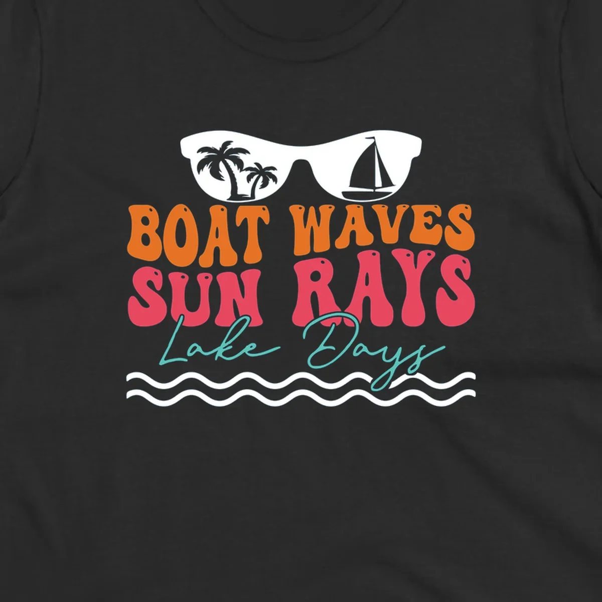 Retro sunglasses reflecting palm trees and sailboat above text "BOAT WAVES SUN RAYS Lake Days" for lake life.