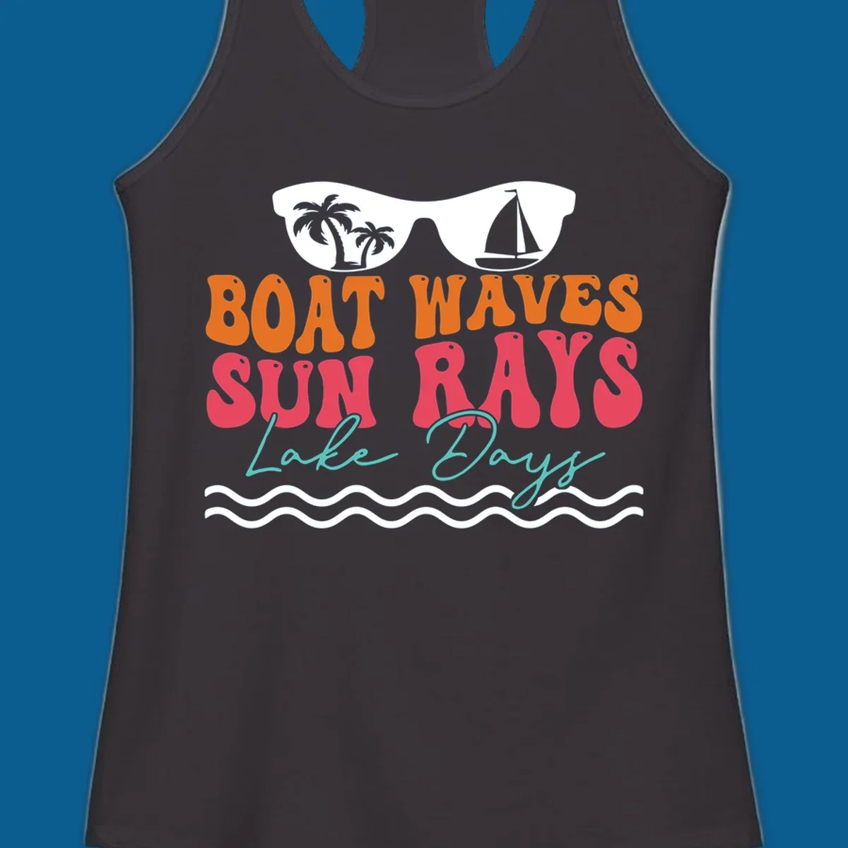 Retro sunglasses reflecting palm trees and sailboat above text "BOAT WAVES SUN RAYS Lake Days" for lake life.
