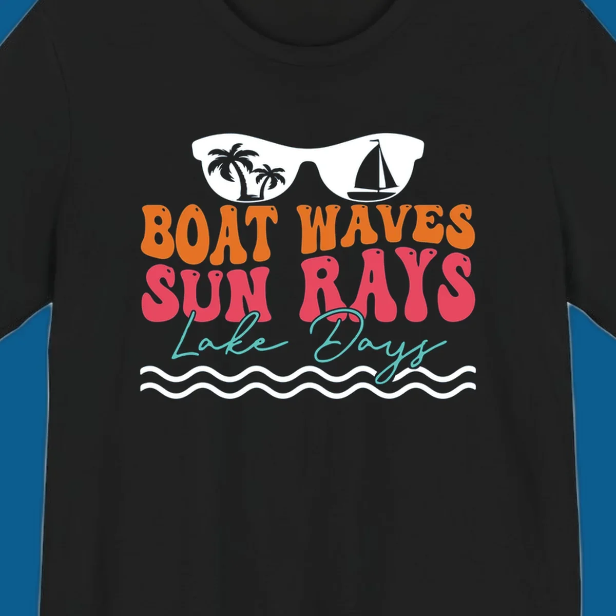 Retro sunglasses reflecting palm trees and sailboat above text "BOAT WAVES SUN RAYS Lake Days" for lake life.