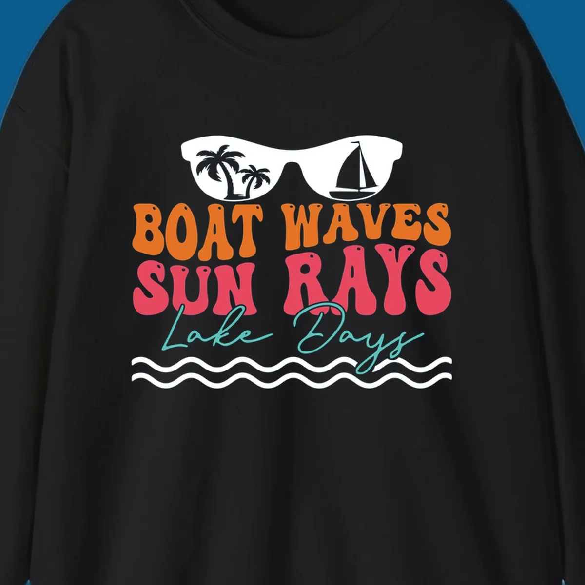 Retro sunglasses reflecting palm trees and sailboat above text "BOAT WAVES SUN RAYS Lake Days" for lake life.