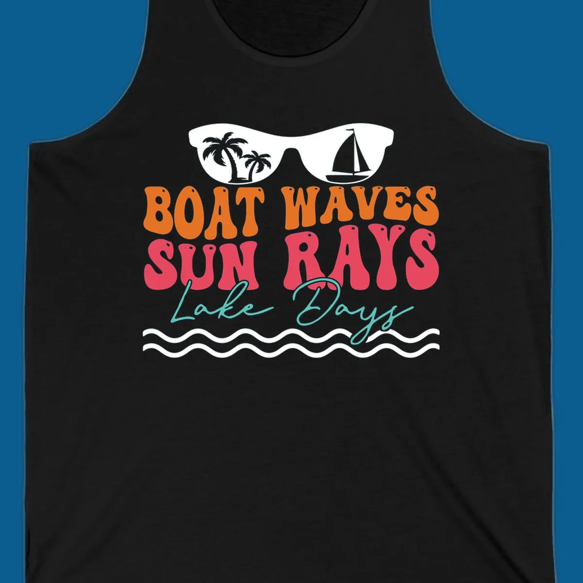 Retro sunglasses reflecting palm trees and sailboat above text "BOAT WAVES SUN RAYS Lake Days" for lake life.