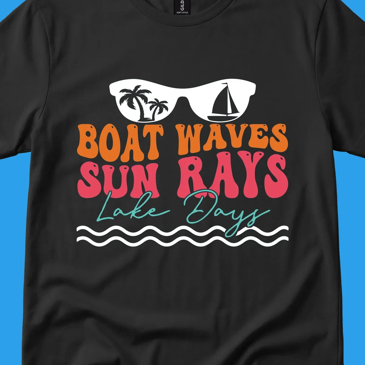 Retro sunglasses reflecting palm trees and sailboat above text "BOAT WAVES SUN RAYS Lake Days" for lake life.