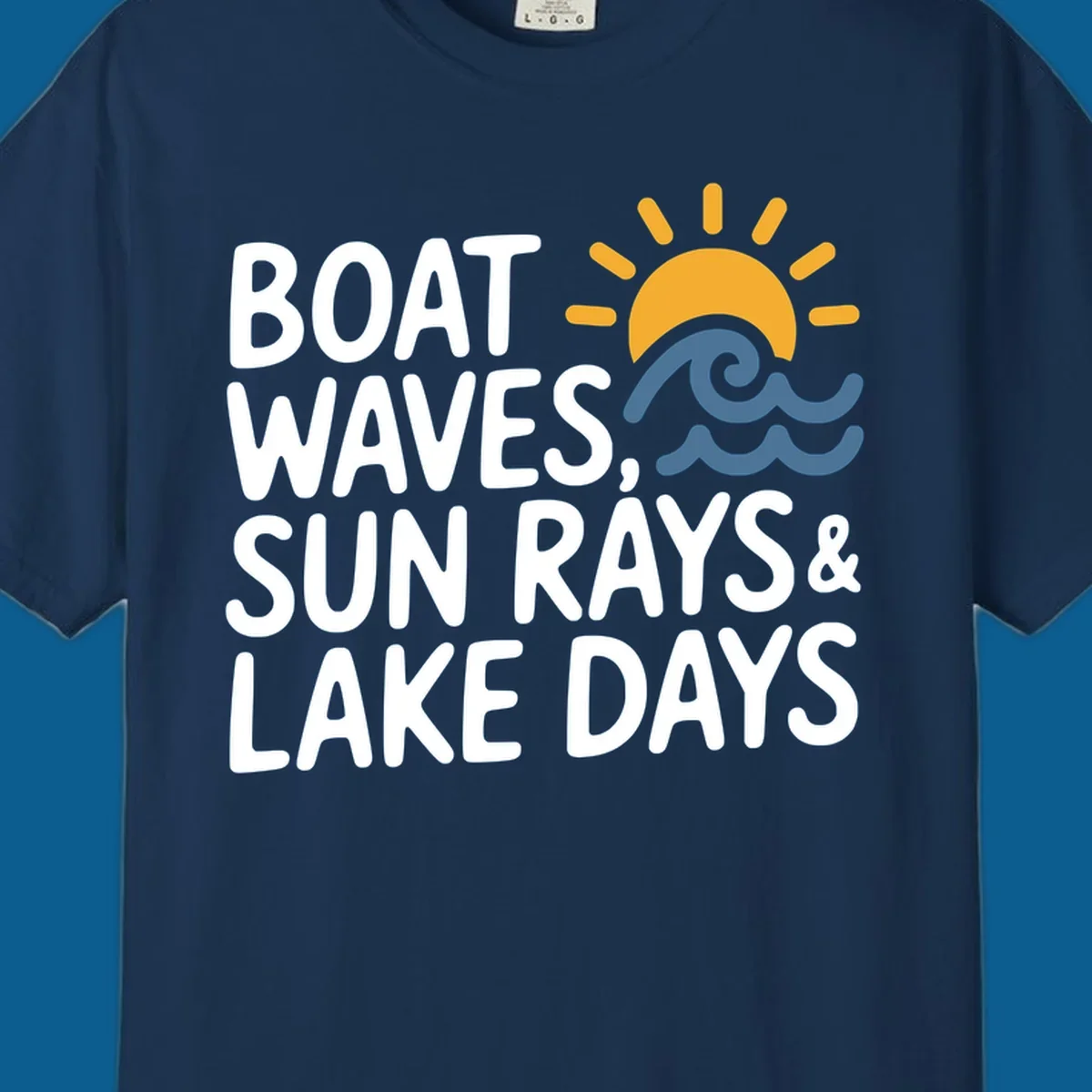 Text 'Boat Waves Sun Rays & Lake Days' with sun and waves illustration for lake-life-days.