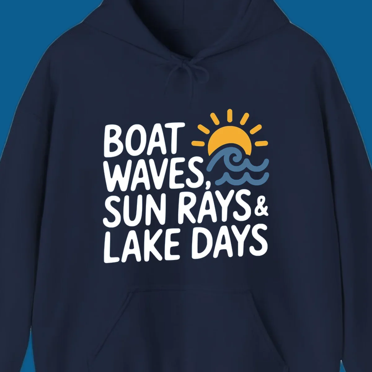 Text 'Boat Waves Sun Rays & Lake Days' with sun and waves illustration for lake-life-days.
