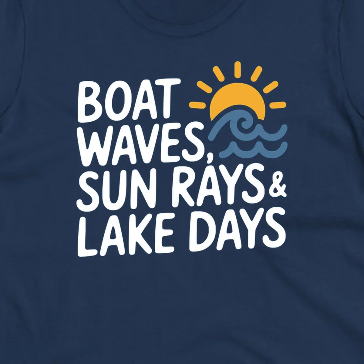 Text 'Boat Waves Sun Rays & Lake Days' with sun and waves illustration for lake-life-days.