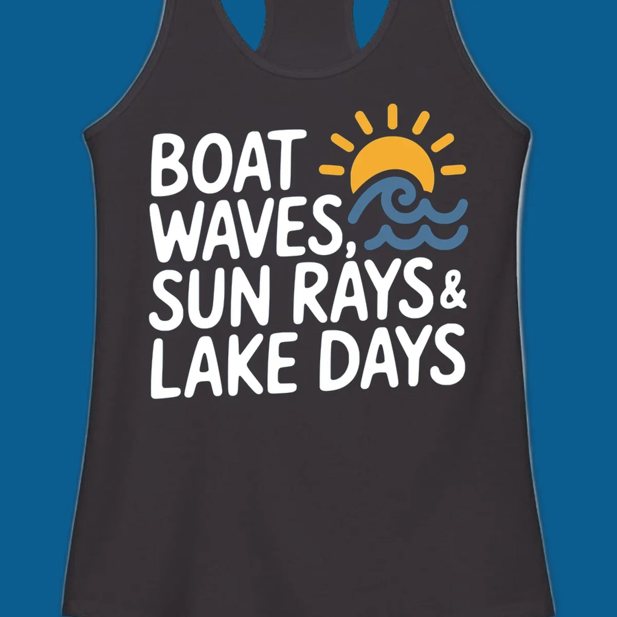 Text 'Boat Waves Sun Rays & Lake Days' with sun and waves illustration for lake-life-days.
