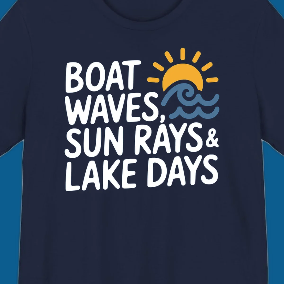 Text 'Boat Waves Sun Rays & Lake Days' with sun and waves illustration for lake-life-days.