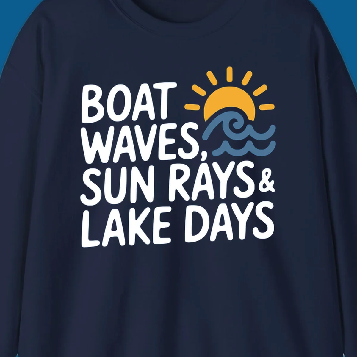 Text 'Boat Waves Sun Rays & Lake Days' with sun and waves illustration for lake-life-days.