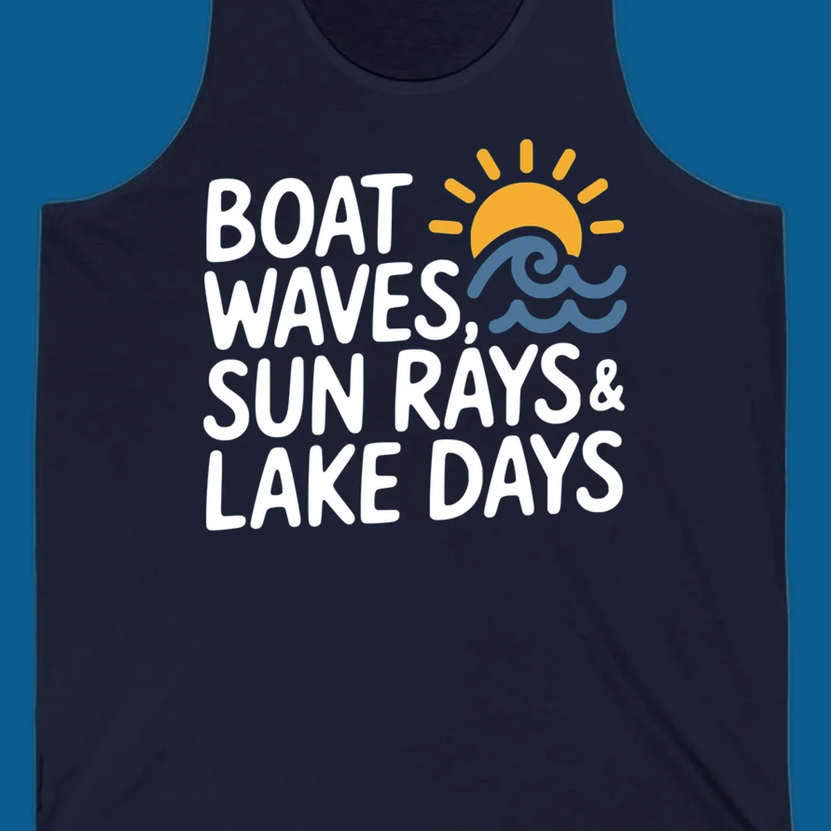 Text 'Boat Waves Sun Rays & Lake Days' with sun and waves illustration for lake-life-days.