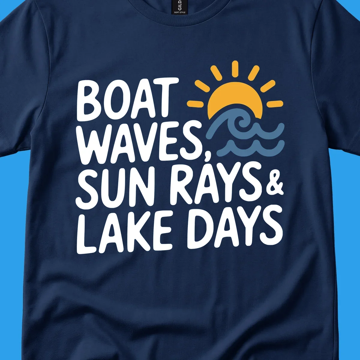 Text 'Boat Waves Sun Rays & Lake Days' with sun and waves illustration for lake-life-days.