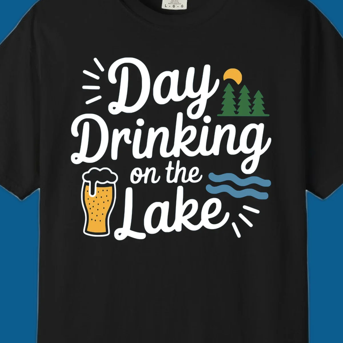 Day drinking on the lake design with beer, trees, sun, and waves.