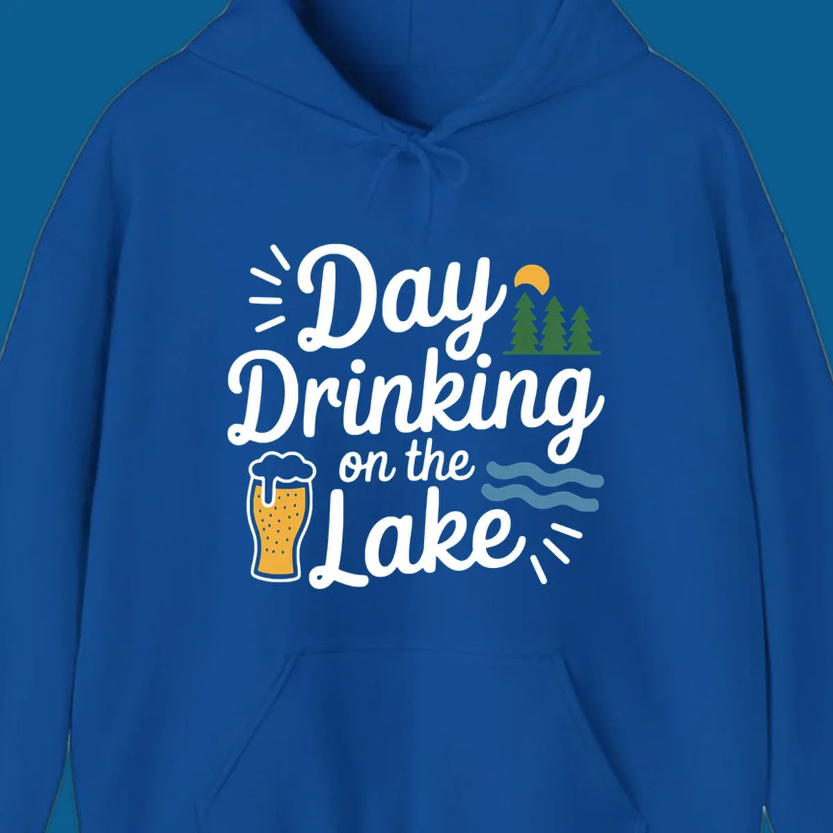 Day drinking on the lake design with beer, trees, sun, and waves.