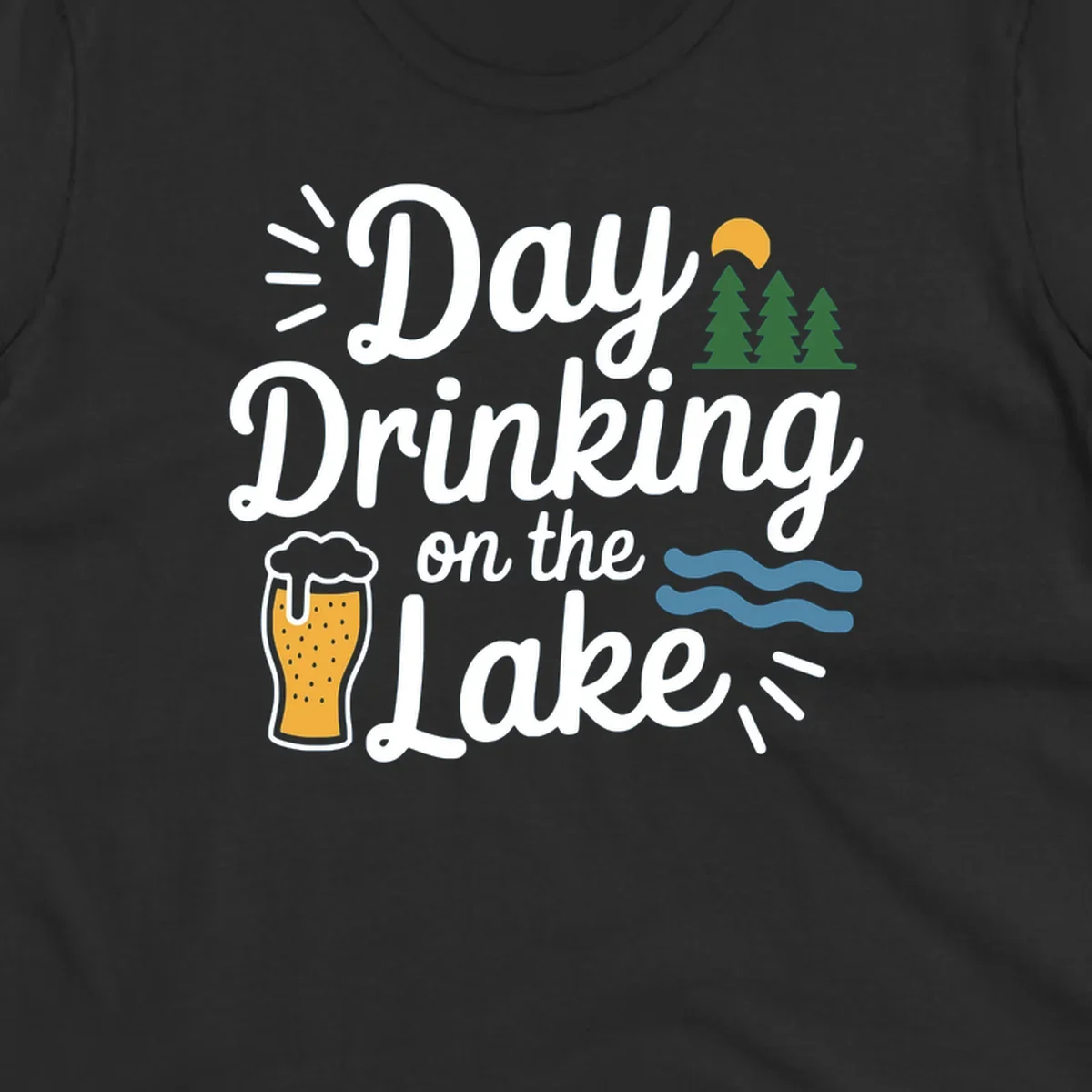 Day drinking on the lake design with beer, trees, sun, and waves.