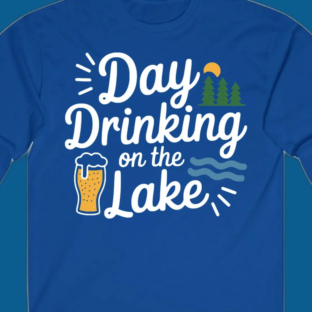Day drinking on the lake design with beer, trees, sun, and waves.