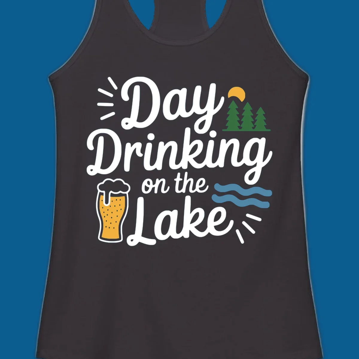 Day drinking on the lake design with beer, trees, sun, and waves.