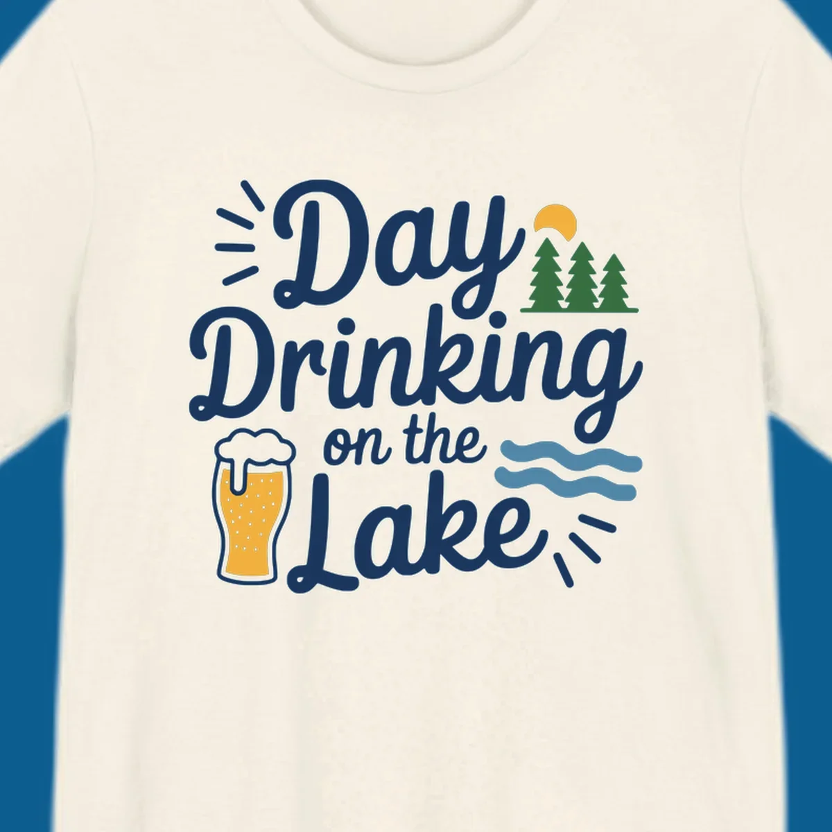 Day drinking on the lake design with beer, trees, sun, and waves.