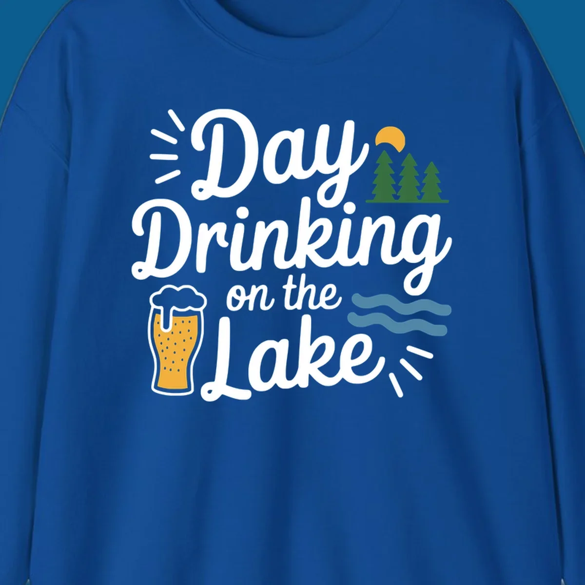 Day drinking on the lake design with beer, trees, sun, and waves.