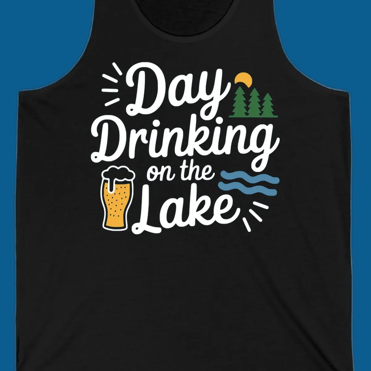 Day drinking on the lake design with beer, trees, sun, and waves.