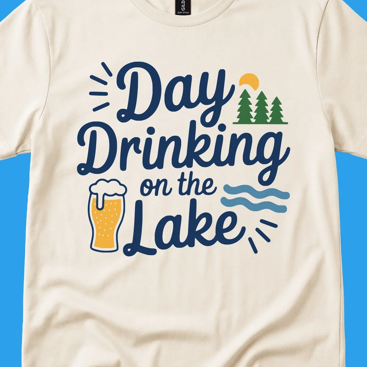 Day drinking on the lake design with beer, trees, sun, and waves.