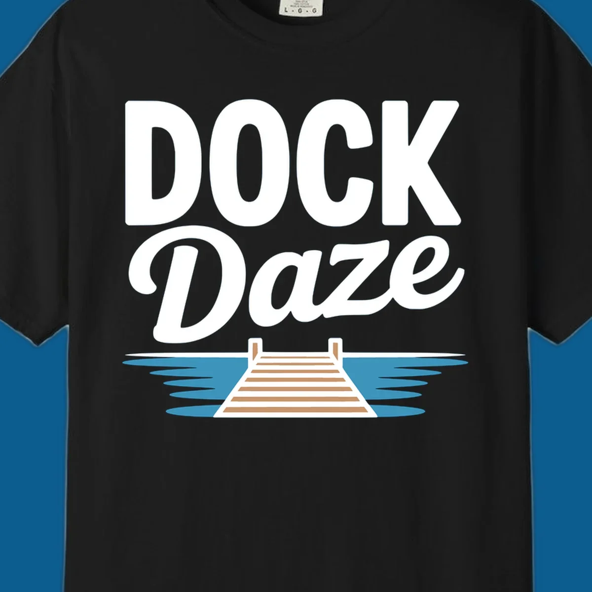 Dock Daze lake life design featuring text and a wooden dock on blue water.