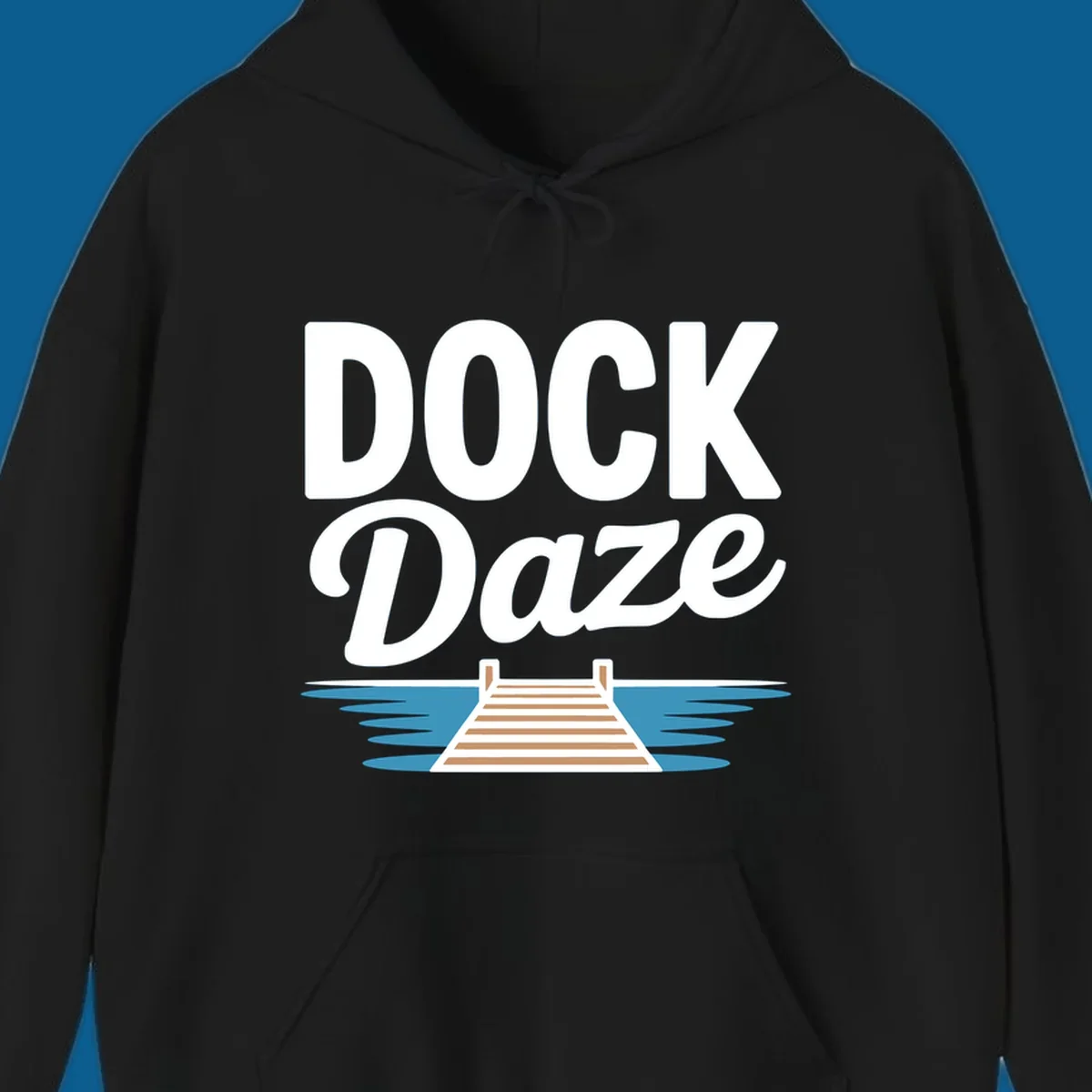 Dock Daze lake life design featuring text and a wooden dock on blue water.