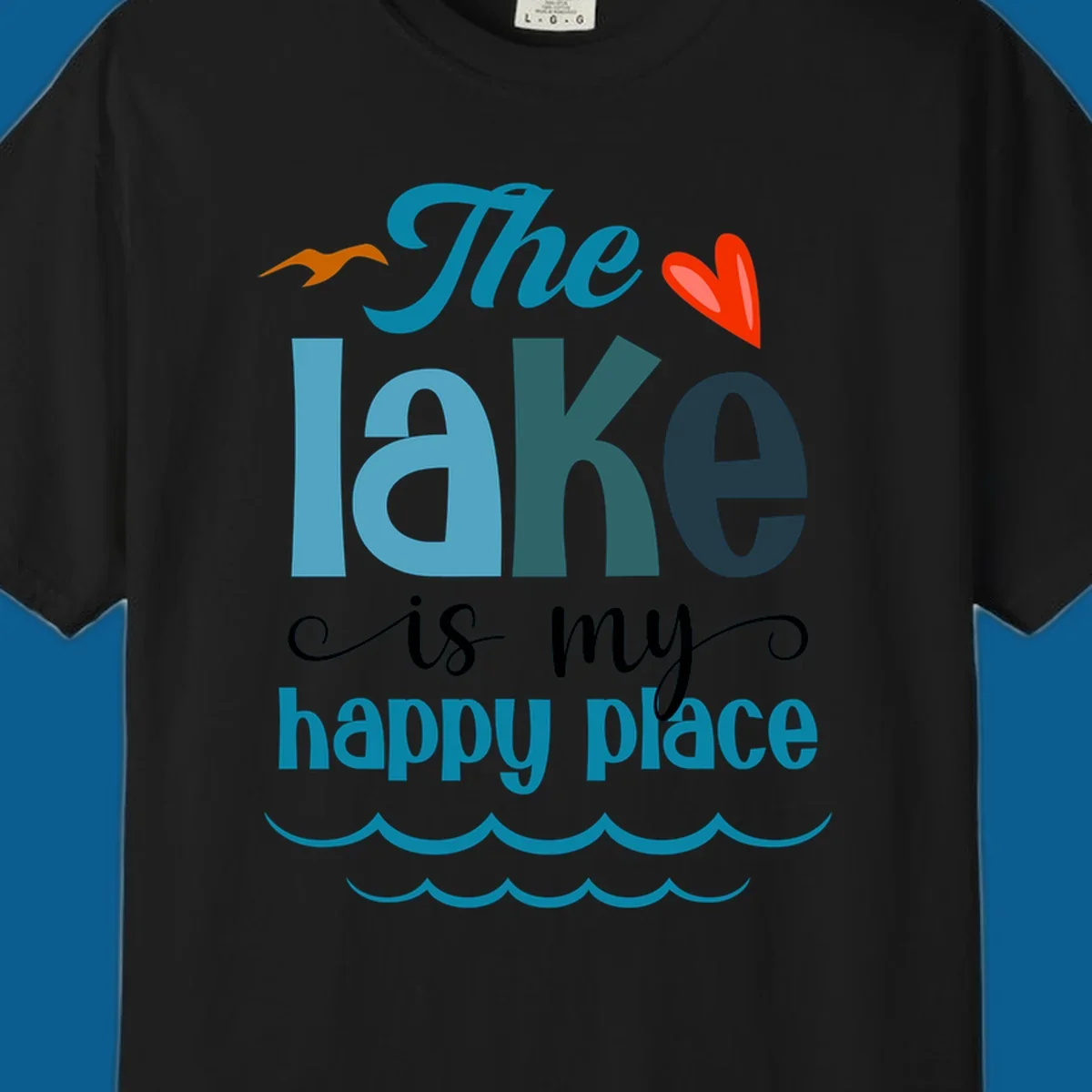 The lake is my happy place typography with bird, heart, and waves graphic, lake-happy-place