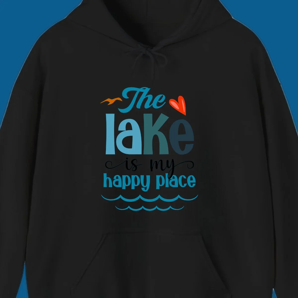 The lake is my happy place typography with bird, heart, and waves graphic, lake-happy-place