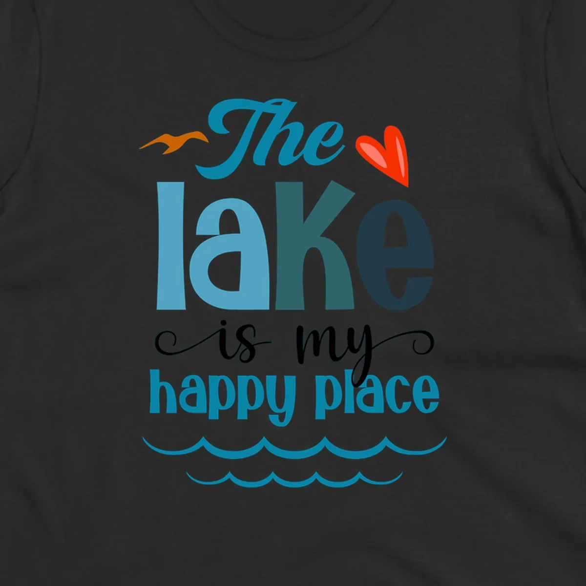 The lake is my happy place typography with bird, heart, and waves graphic, lake-happy-place