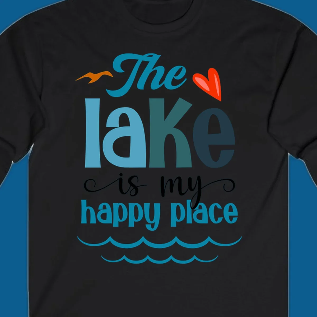 The lake is my happy place typography with bird, heart, and waves graphic, lake-happy-place