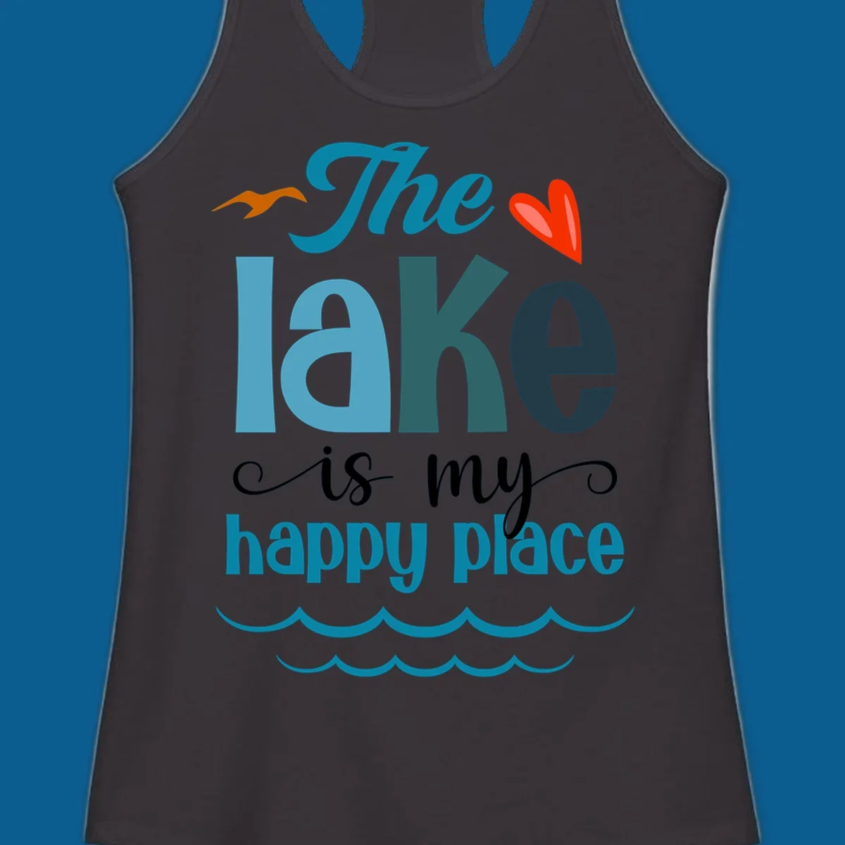 The lake is my happy place typography with bird, heart, and waves graphic, lake-happy-place