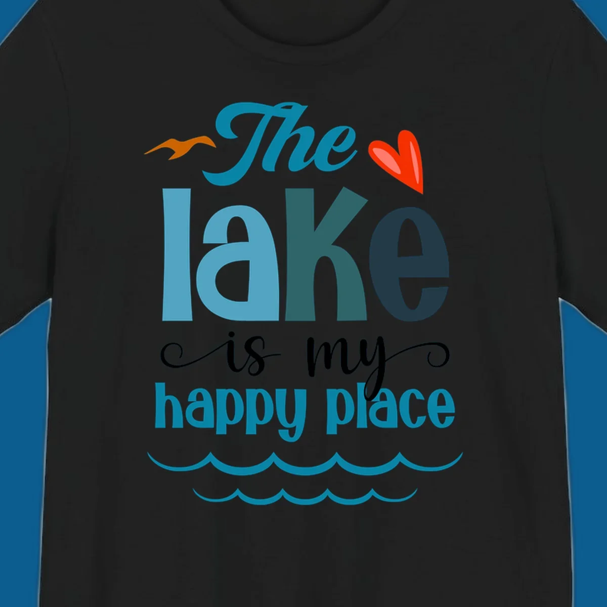 The lake is my happy place typography with bird, heart, and waves graphic, lake-happy-place