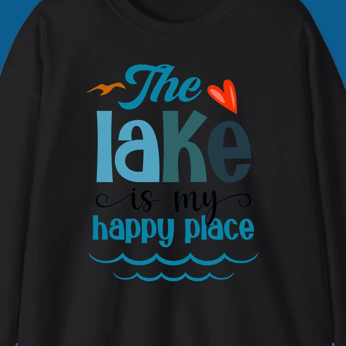 The lake is my happy place typography with bird, heart, and waves graphic, lake-happy-place
