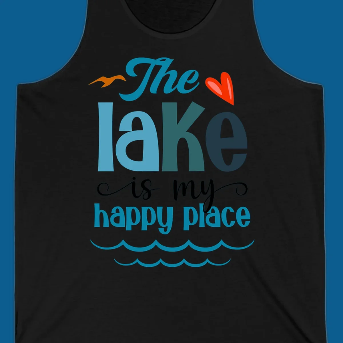 The lake is my happy place typography with bird, heart, and waves graphic, lake-happy-place
