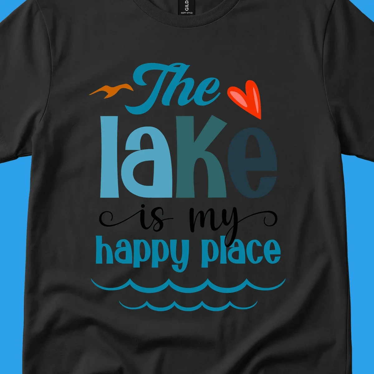The lake is my happy place typography with bird, heart, and waves graphic, lake-happy-place