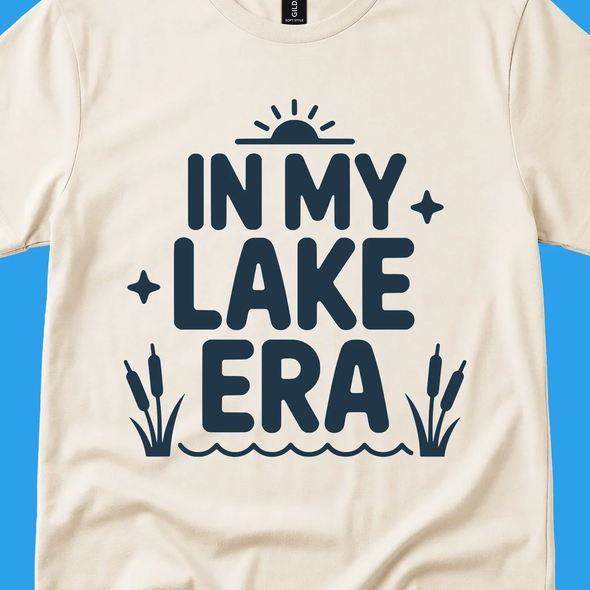 Text art: In My Lake Era with sun, stars, cattails, and waves.