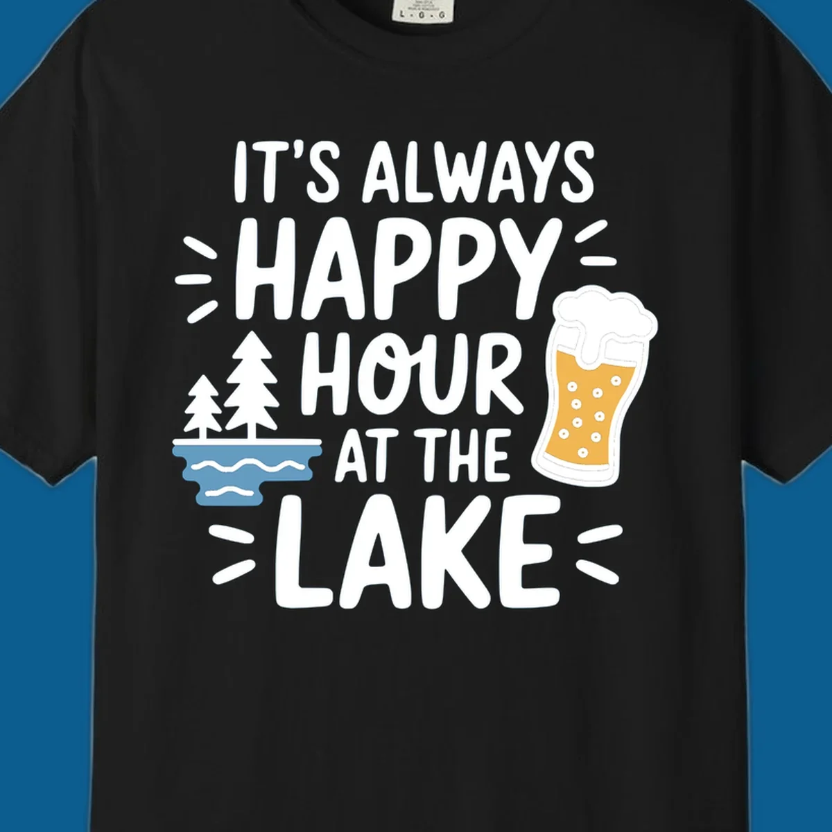 Happy hour lake life text with beer and trees illustration.