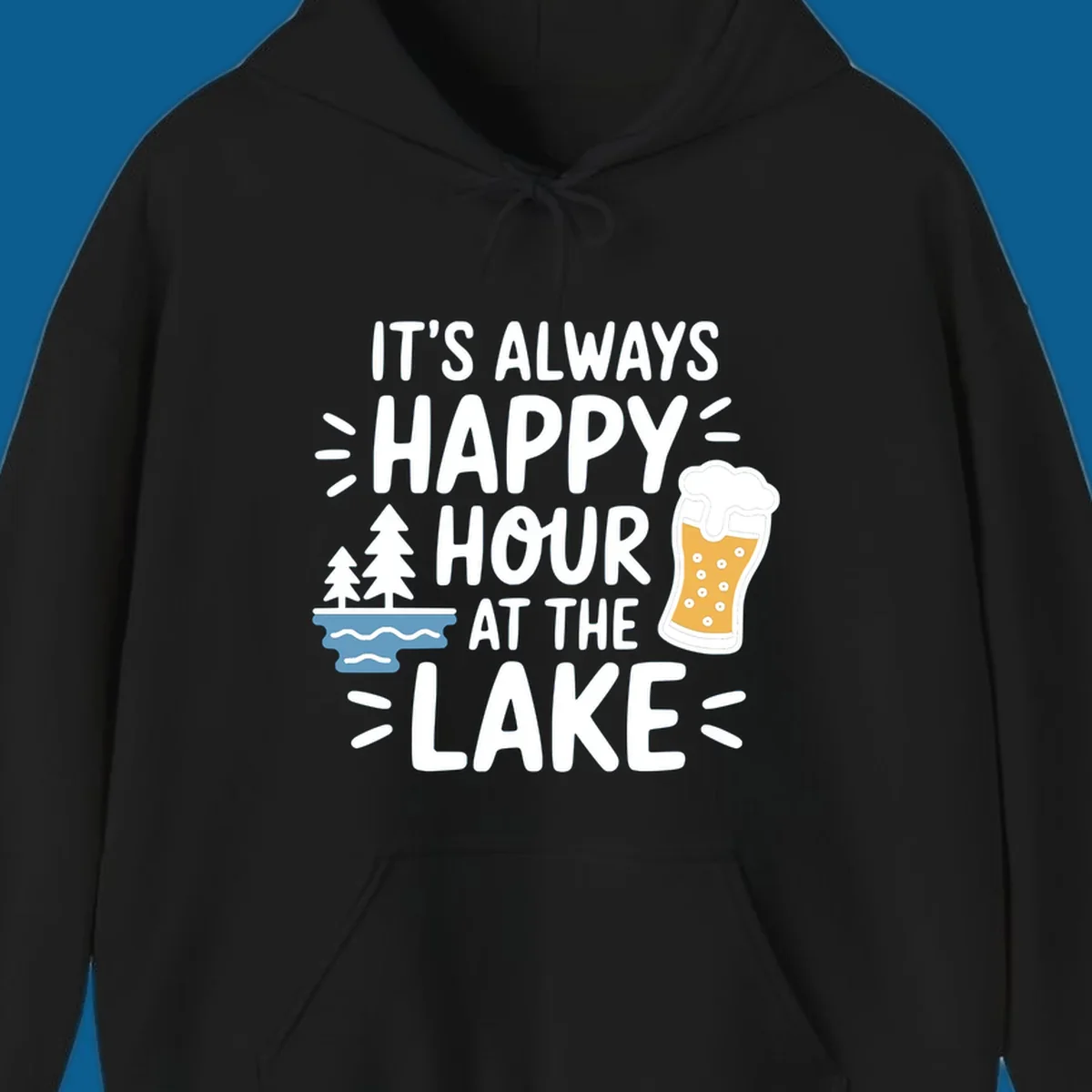 Happy hour lake life text with beer and trees illustration.