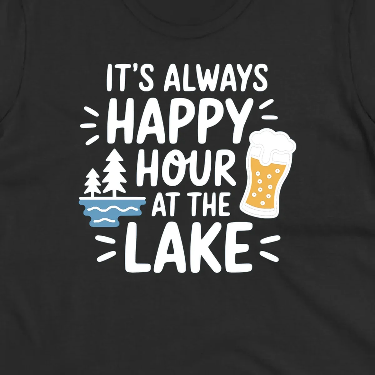 Happy hour lake life text with beer and trees illustration.