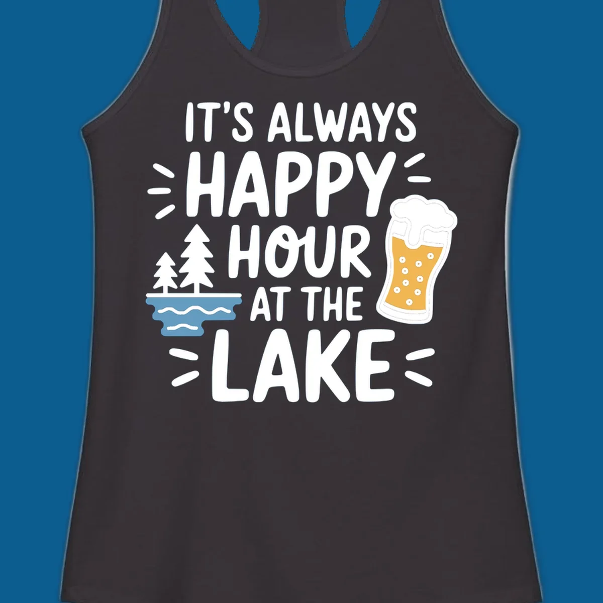 Happy hour lake life text with beer and trees illustration.