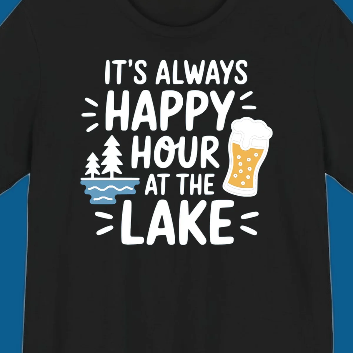 Happy hour lake life text with beer and trees illustration.