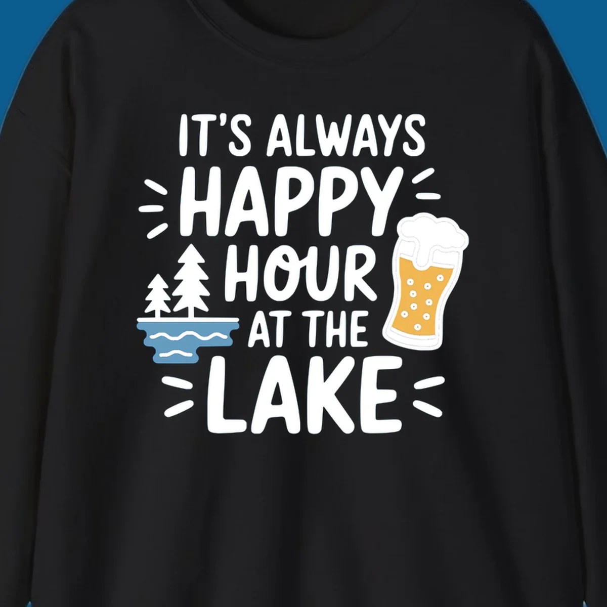 Happy hour lake life text with beer and trees illustration.