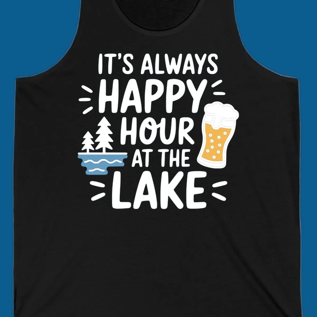 Happy hour lake life text with beer and trees illustration.