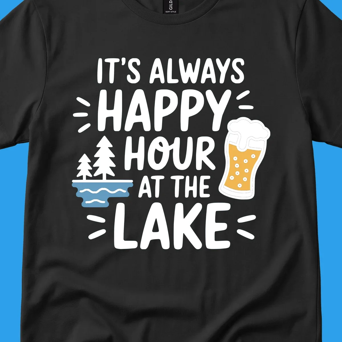Happy hour lake life text with beer and trees illustration.