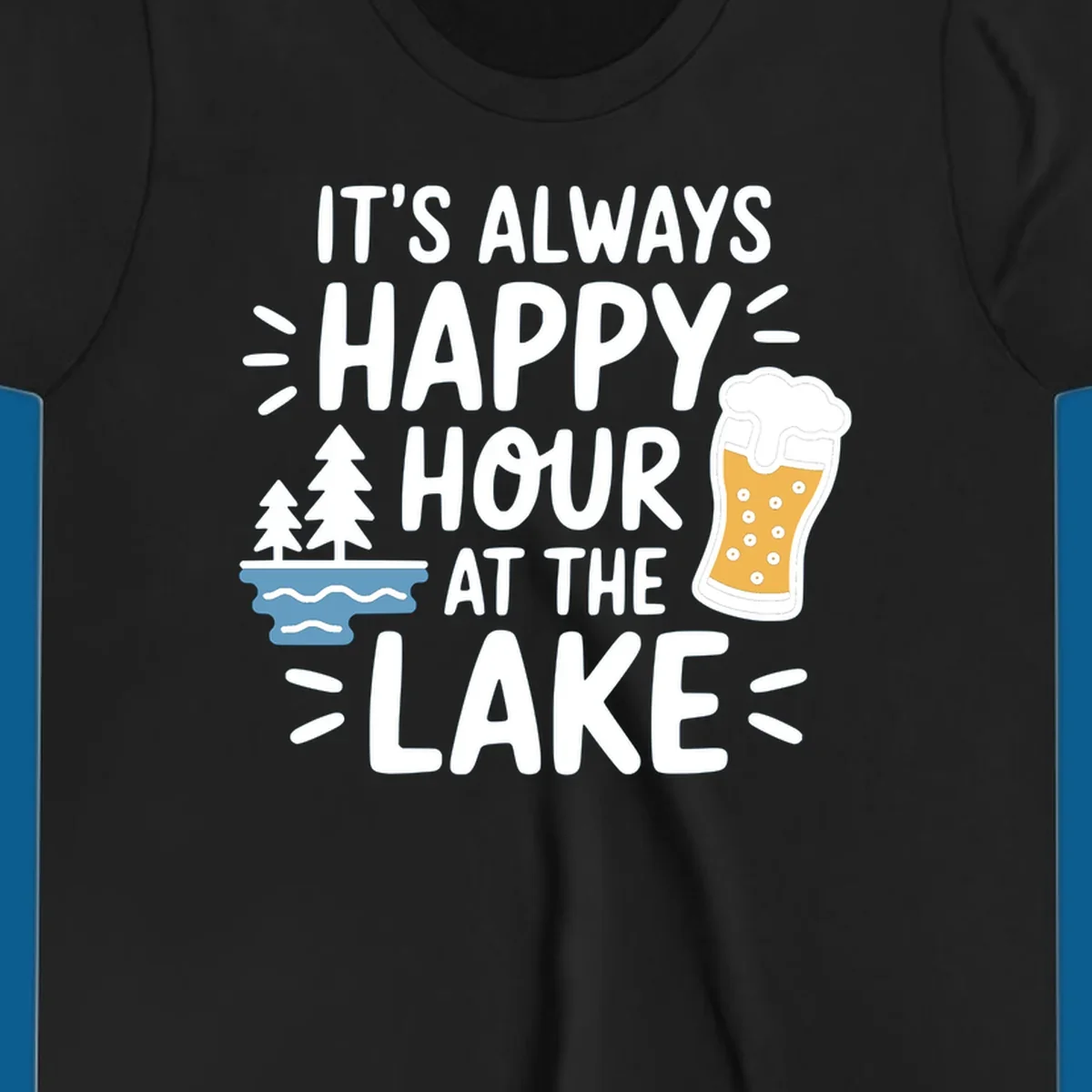 Happy hour lake life text with beer and trees illustration.