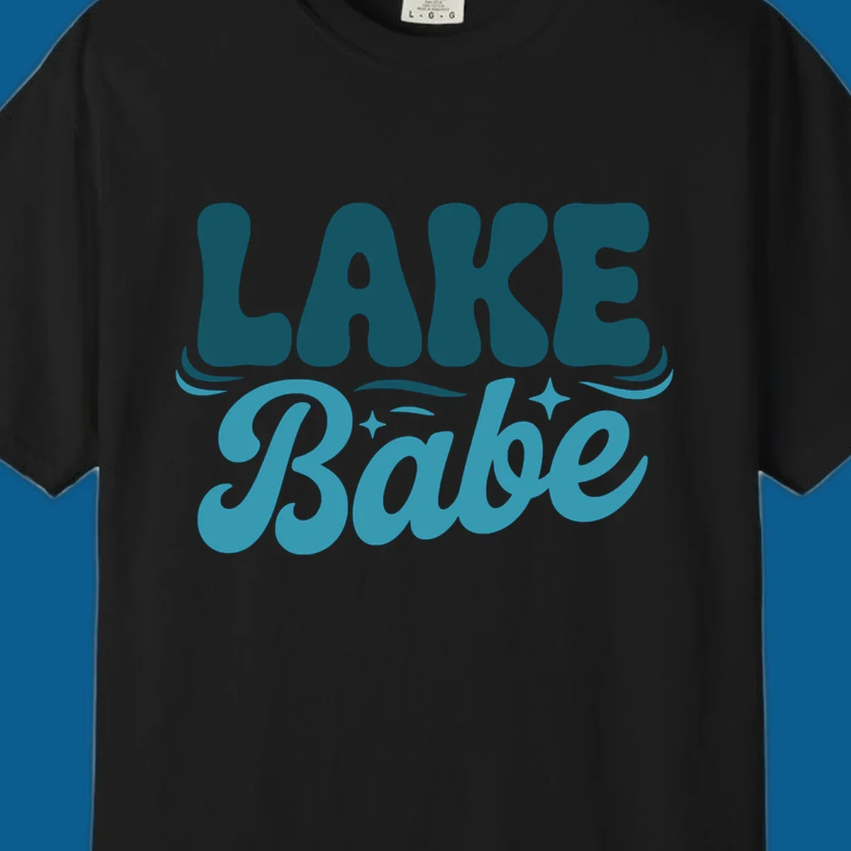 Retro LAKE Babe text design with wavy font and sparkle accents.