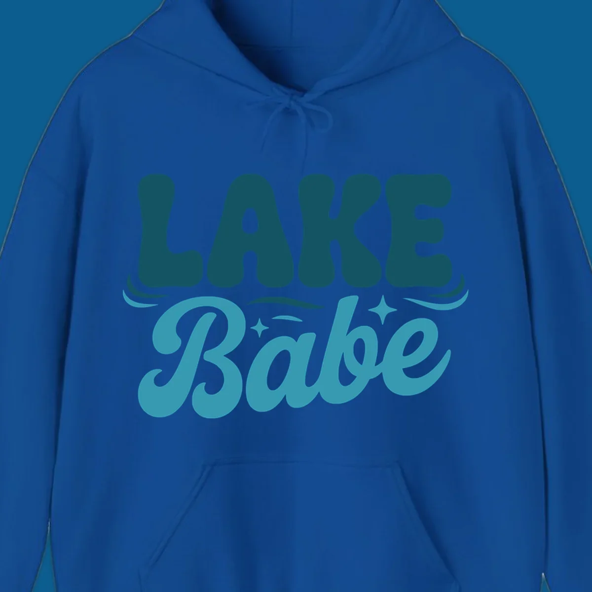 Retro LAKE Babe text design with wavy font and sparkle accents.