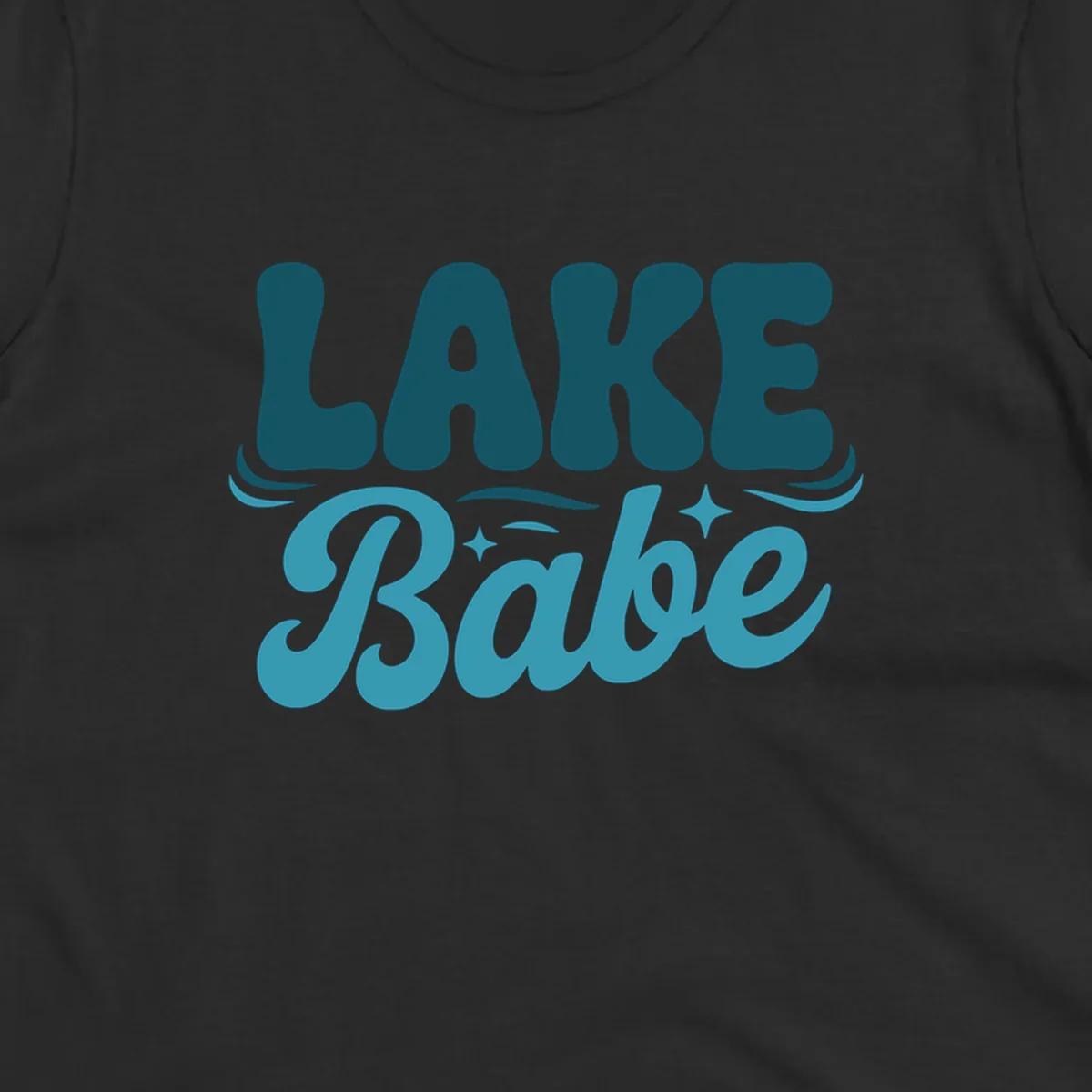 Retro LAKE Babe text design with wavy font and sparkle accents.