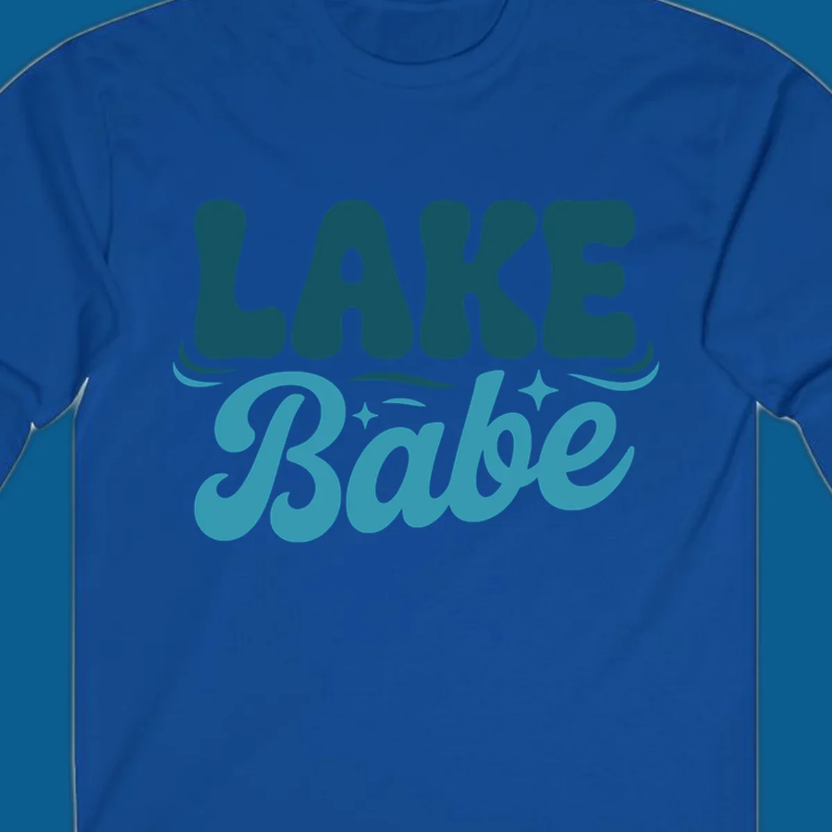 Retro LAKE Babe text design with wavy font and sparkle accents.