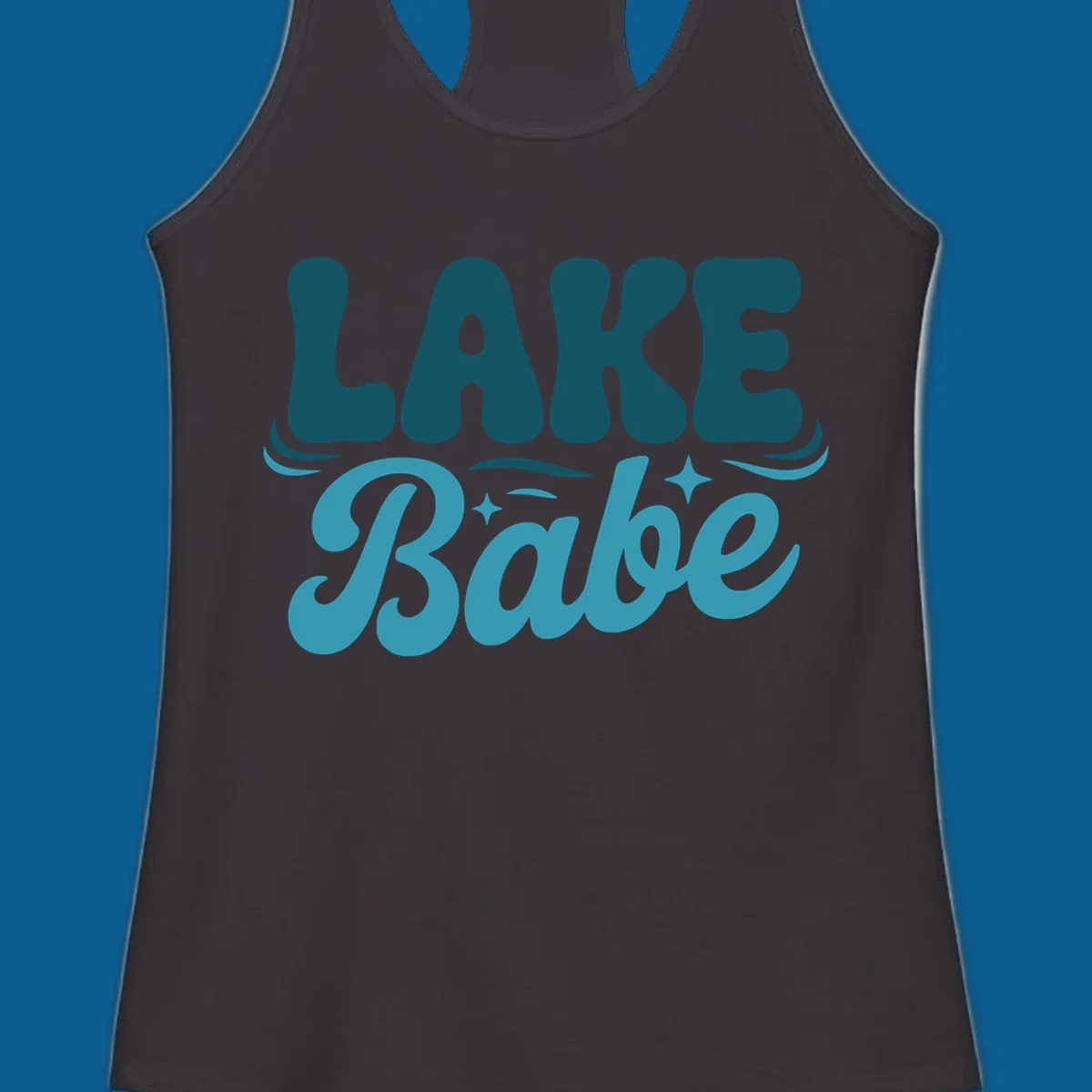 Retro LAKE Babe text design with wavy font and sparkle accents.