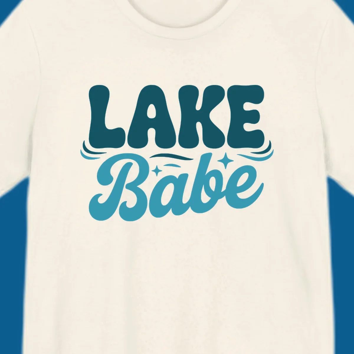 Retro LAKE Babe text design with wavy font and sparkle accents.